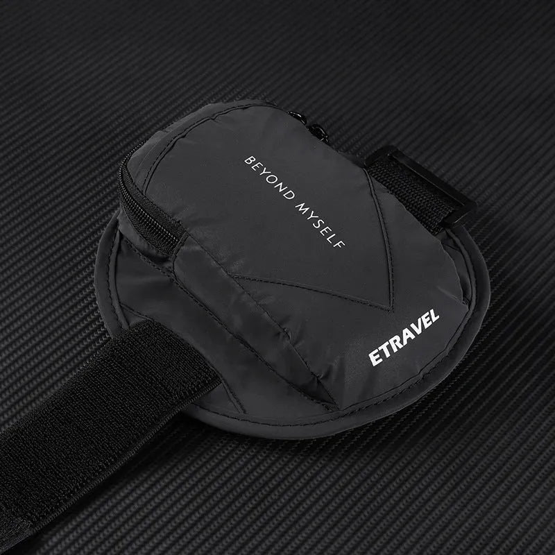 Black reflective running arm bag with adjustable strap, shown holding a large smartphone.