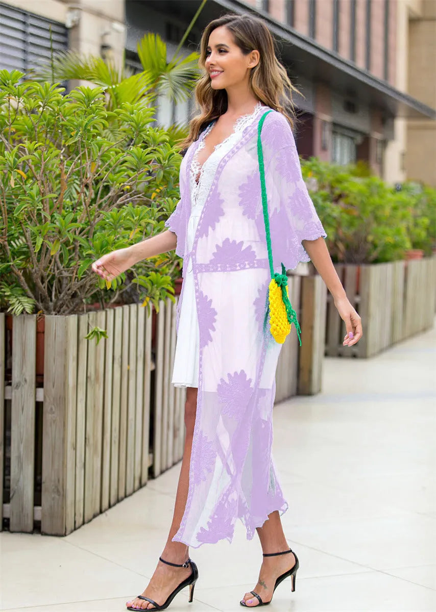 Light purple lace embroidery beach dress with cardigan styling for women's swim and beach wear