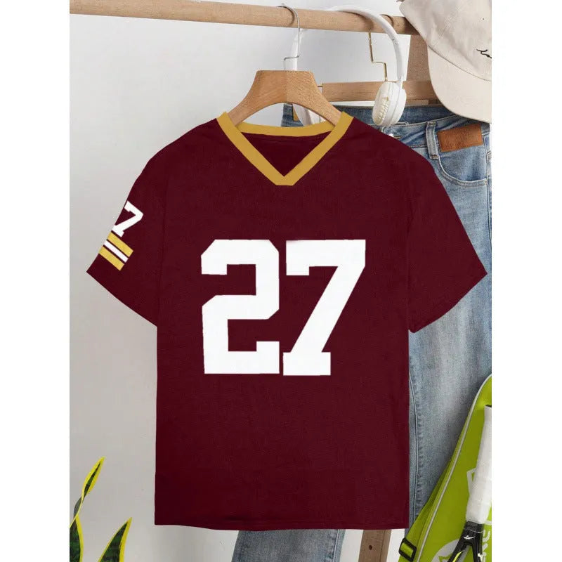 Red loose fit cotton T-shirt with white digitally printed letter pattern on the front.