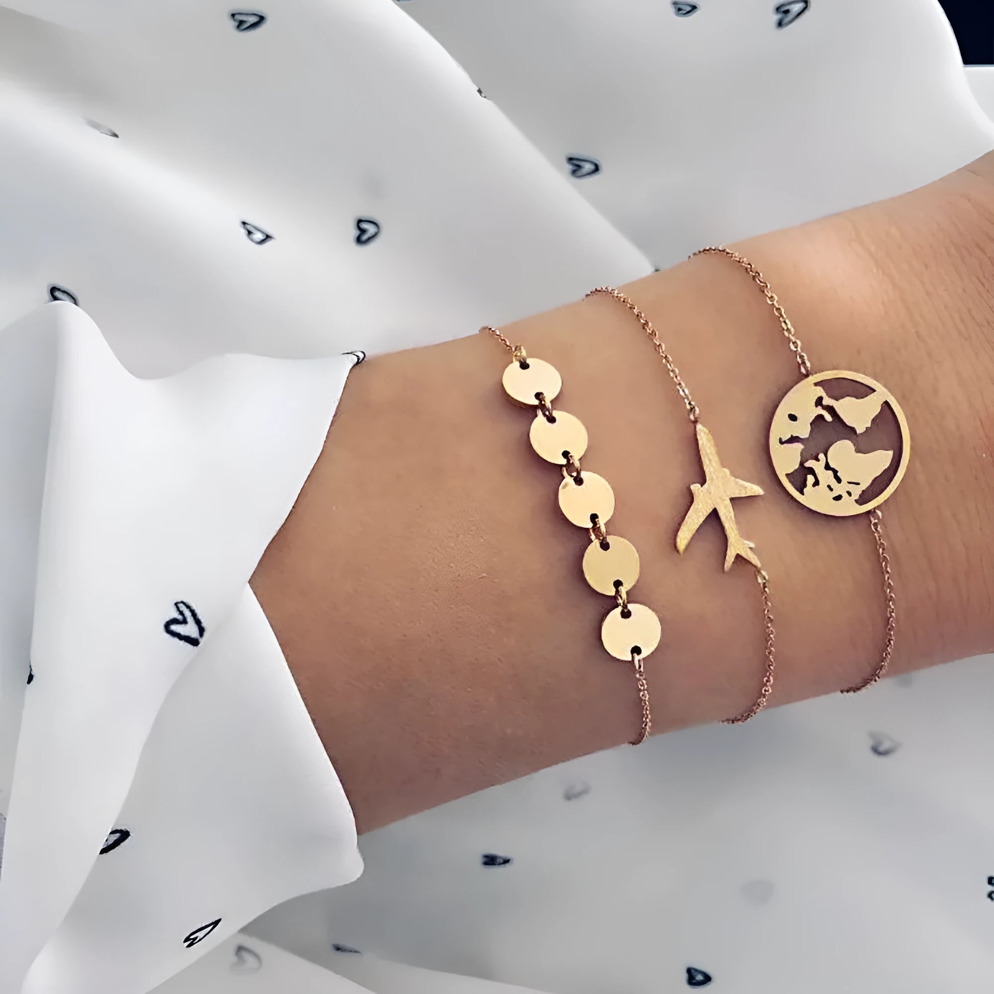 Women's three-piece bohemian charm bracelet set with aircraft map designs on heart-shaped alloy charms