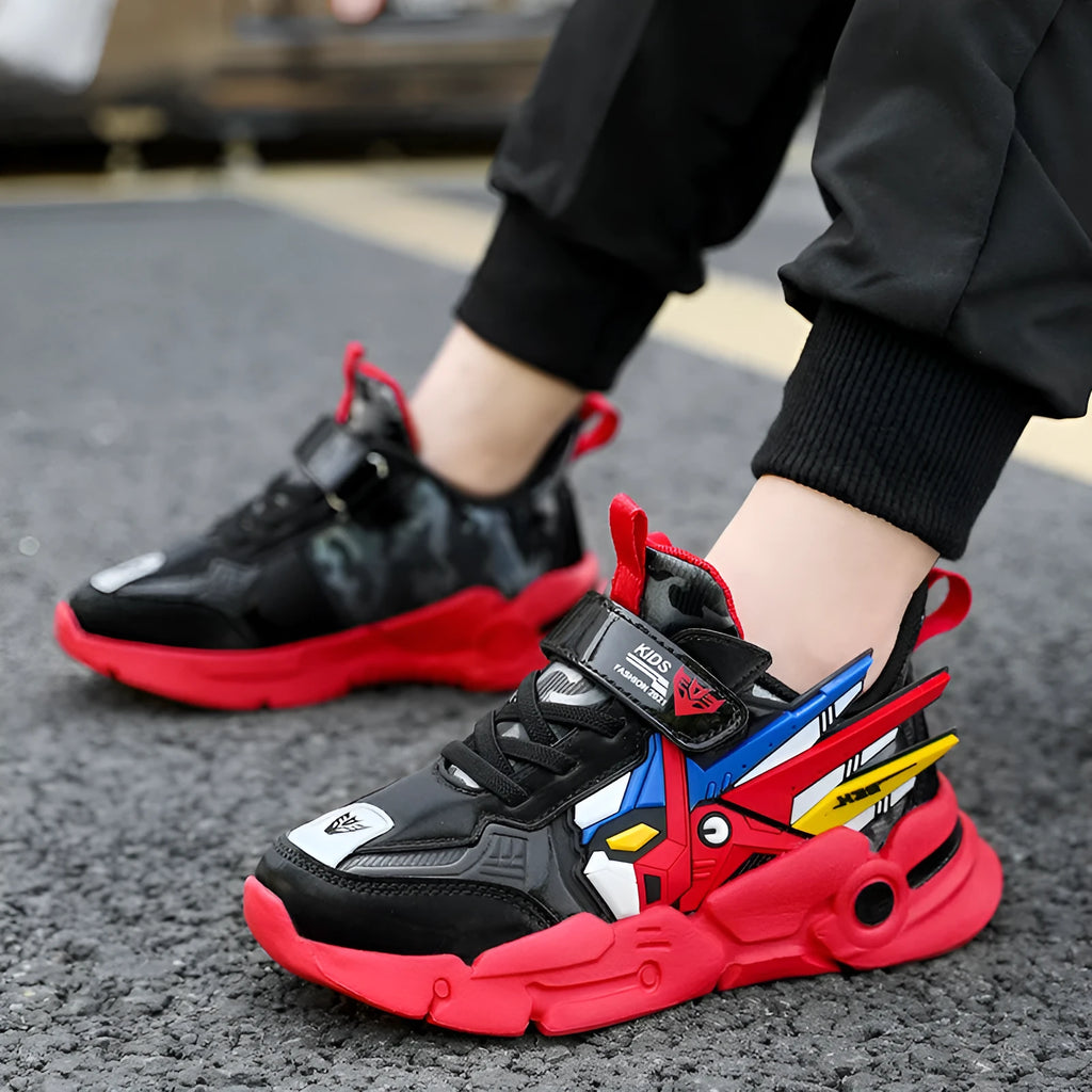 Children's leather-look running shoes with Velcro straps in yellow, black-red, and blue colour options