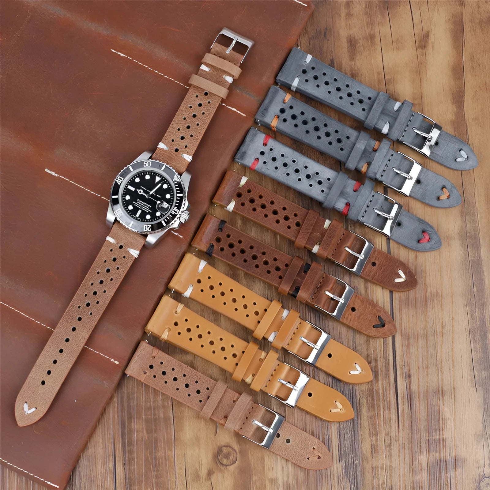 Handmade retro genuine leather watch band with white stitching on brown leather, 20mm width