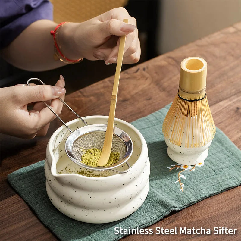 Ceramic matcha stool bowl with sand point finish, 4-piece set, one bowl in focus