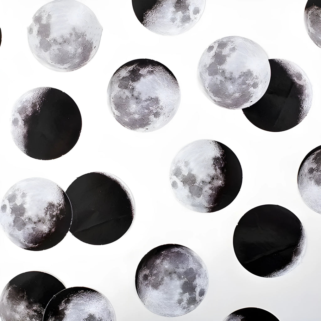 Black moon phase and calendar planet sticker set with 45 pieces for planner decoration.