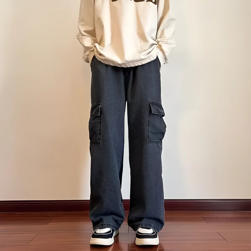 Men's wide-leg loose lace-up jeans in blue Korean style casual denim trousers