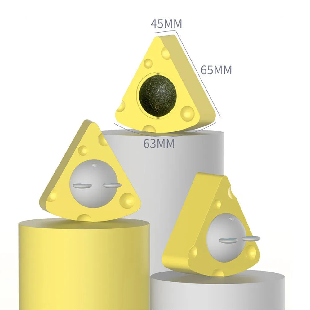 Yellow cheese-shaped cat toy ball with natural catnip and silvervine for chewing and play