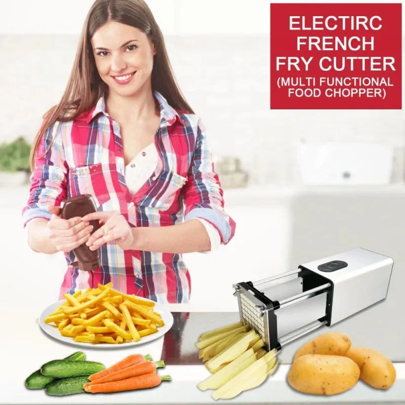 Black electric French fry cutter machine with stainless steel blades on a countertop.