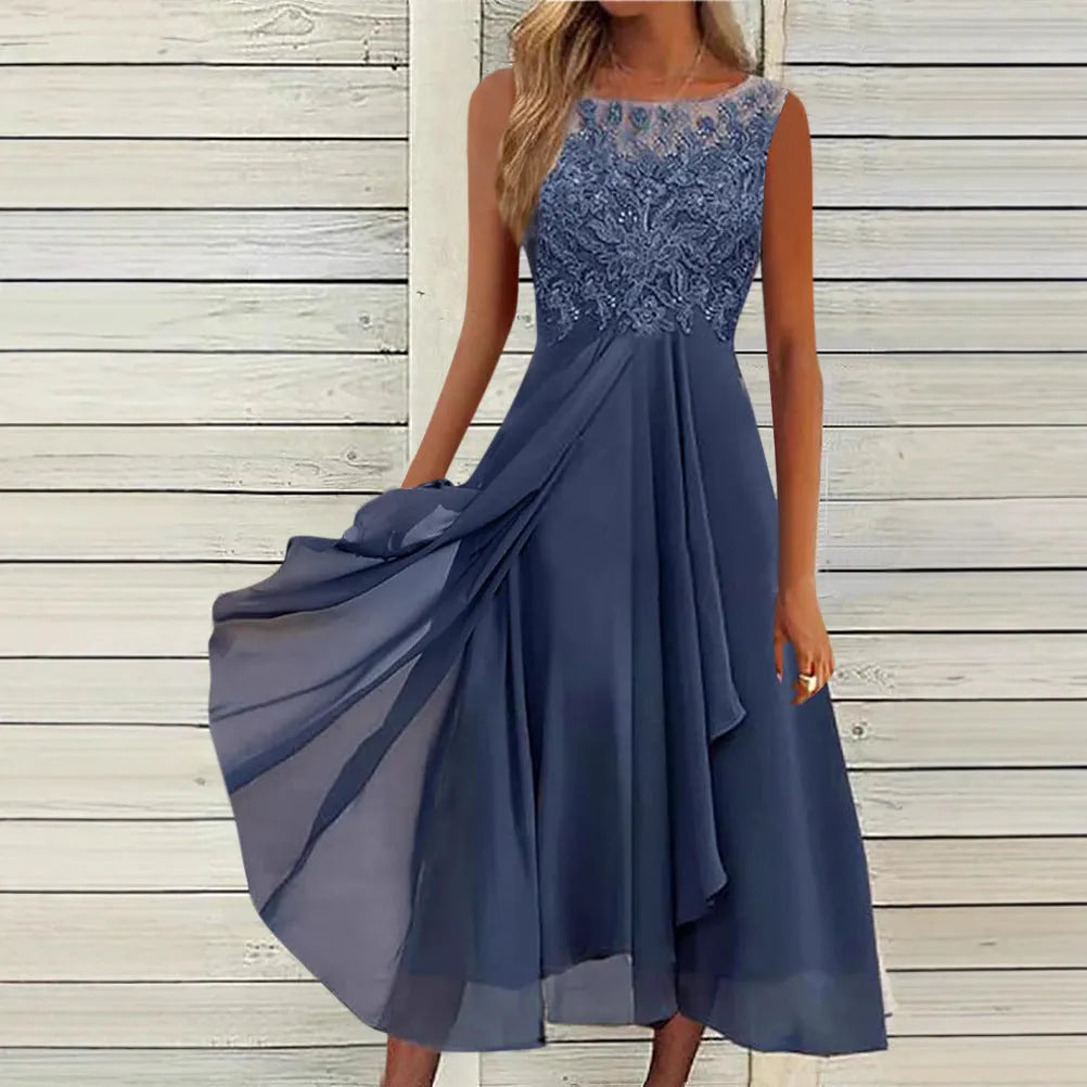 Women's sleeveless chiffon dress with lace hollow-out stitching in green, shown in a mid-length princess style.