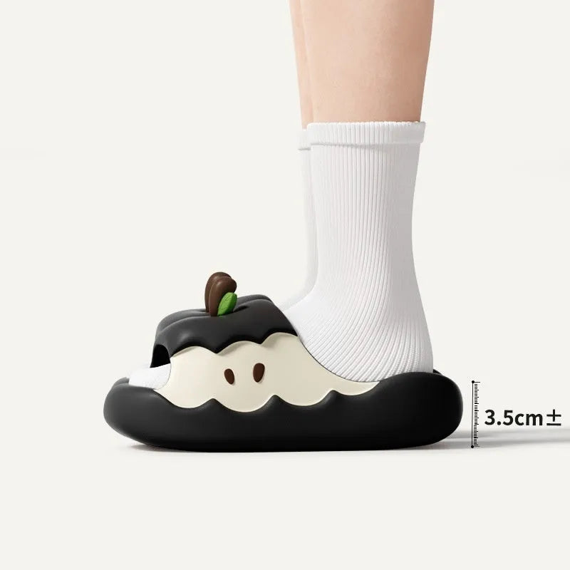 Cartoon-themed EVA flip flop sandals with fruit designs in light blue, suitable for couple and family wear.