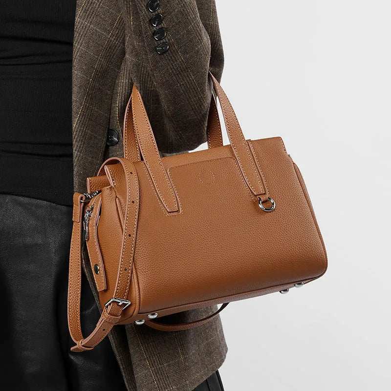 Genuine cowhide crossbody bag in horizontal square design with large capacity