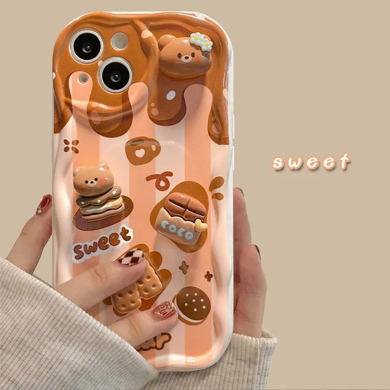 Silicone phone case with chocolate doll lanyard for Apple iPhone in cream pattern, anti-fall protection