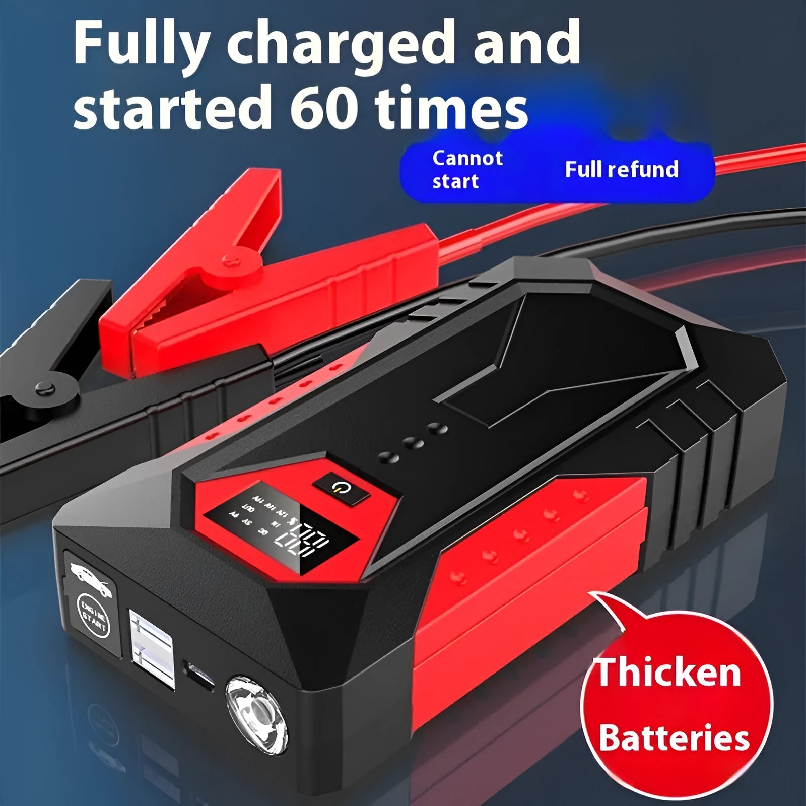 Red 12V car jump starter power bank with battery clamps and 18800mAh capacity