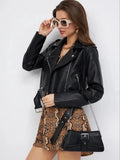 Black women's retro locomotive style jacket made from PU imitation leather on a model.