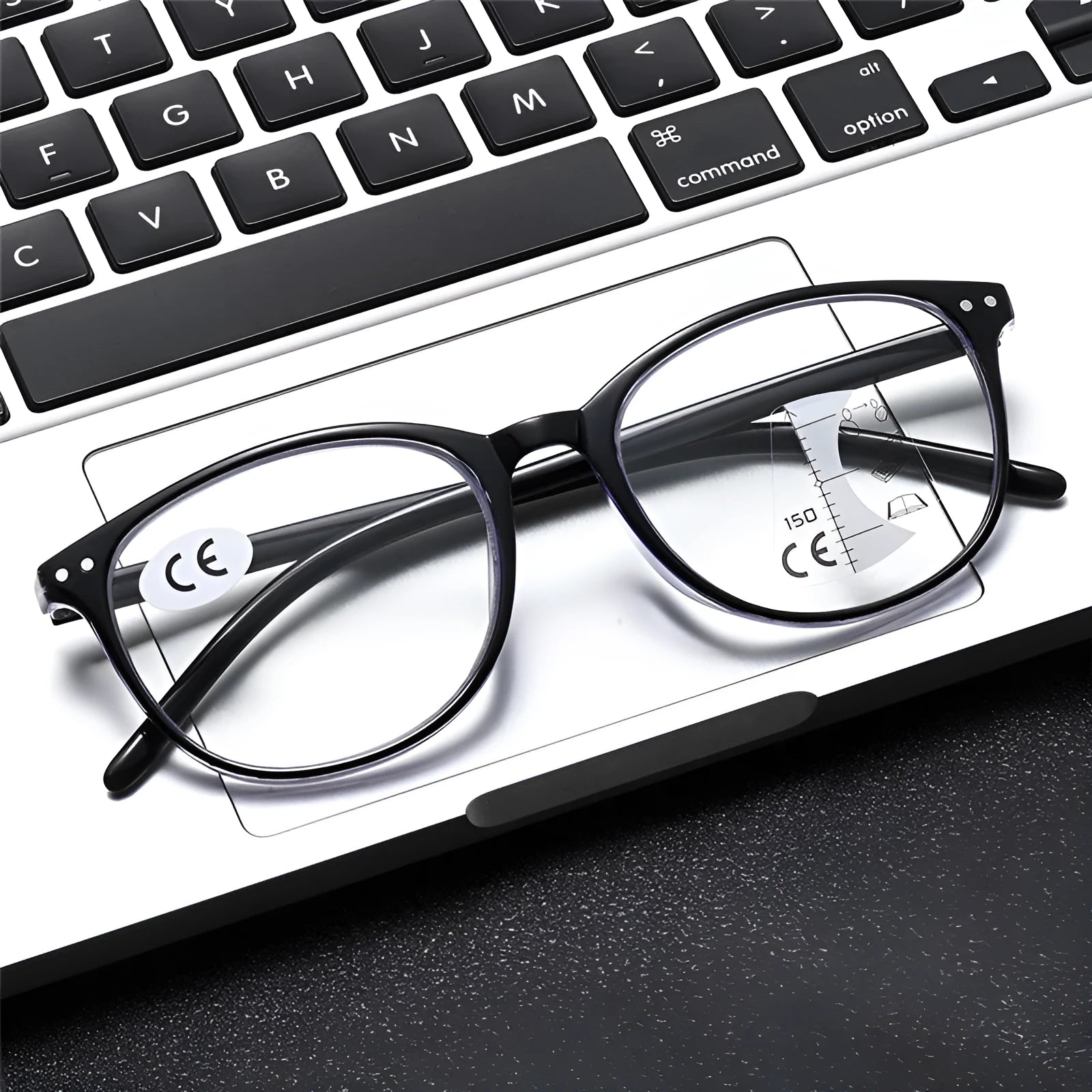 Women's ultra-light multi-focus presbyopic glasses in black and blue frame on a table.