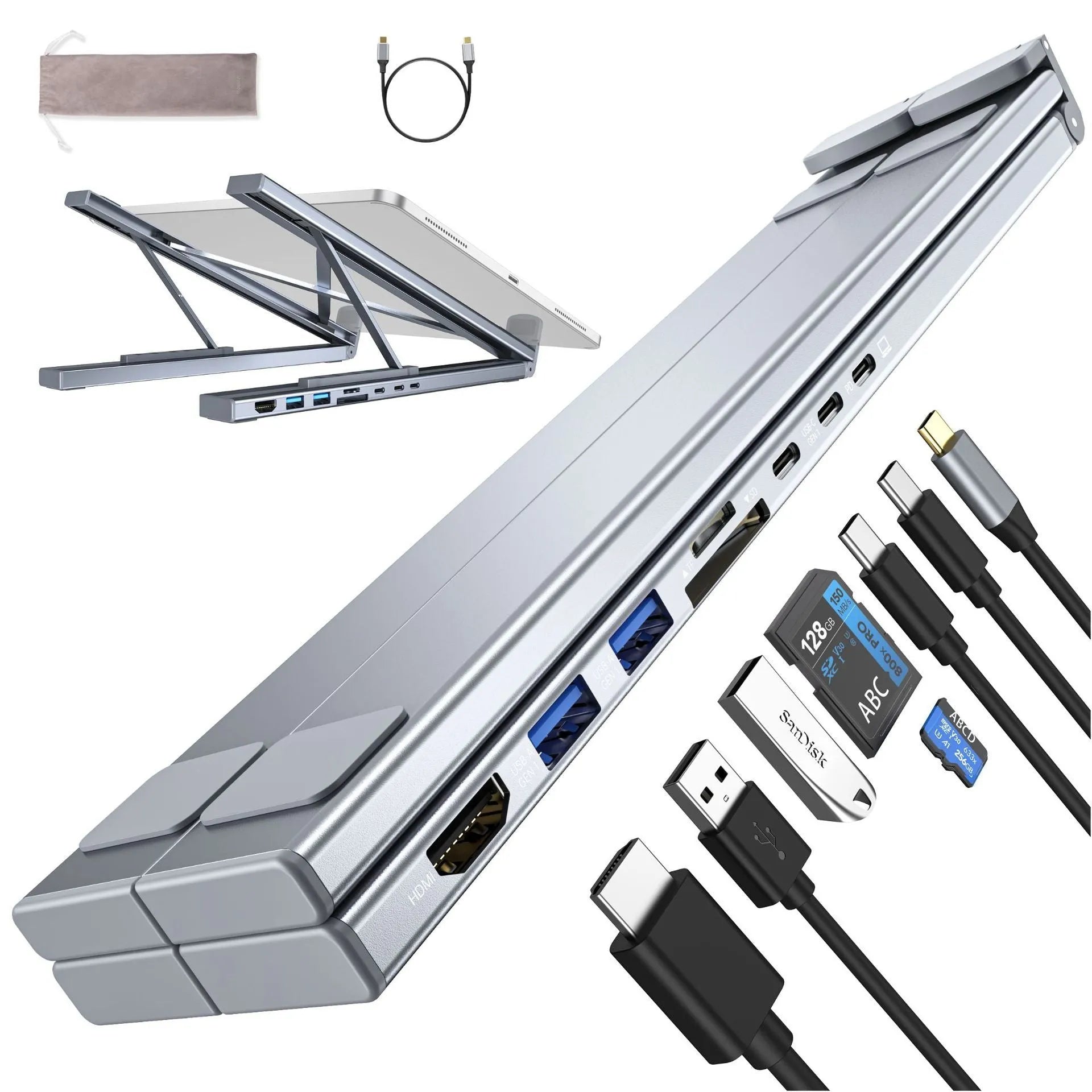 Silver aluminium foldable laptop stand with integrated multi-port docking station and a short connection cable.