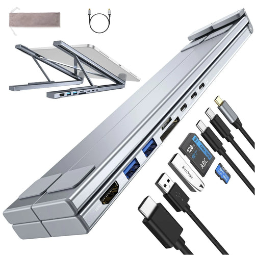 Silver aluminium foldable laptop stand with integrated multi-port docking station and a short connection cable.