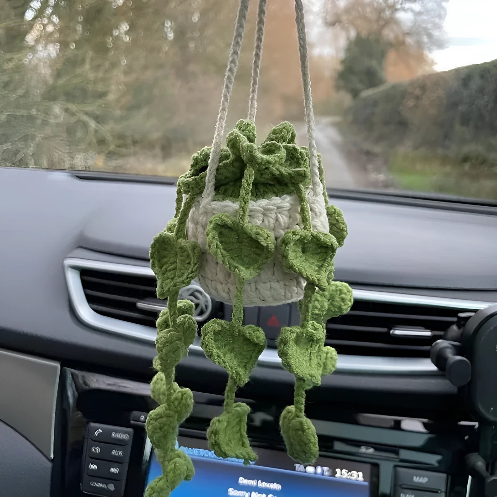 Green and white knitted wool car plant ornament hanging from a rope