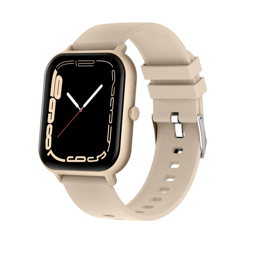 Black smart watch with heart rate monitor on wrist, showing TFT touchscreen displaying step count.