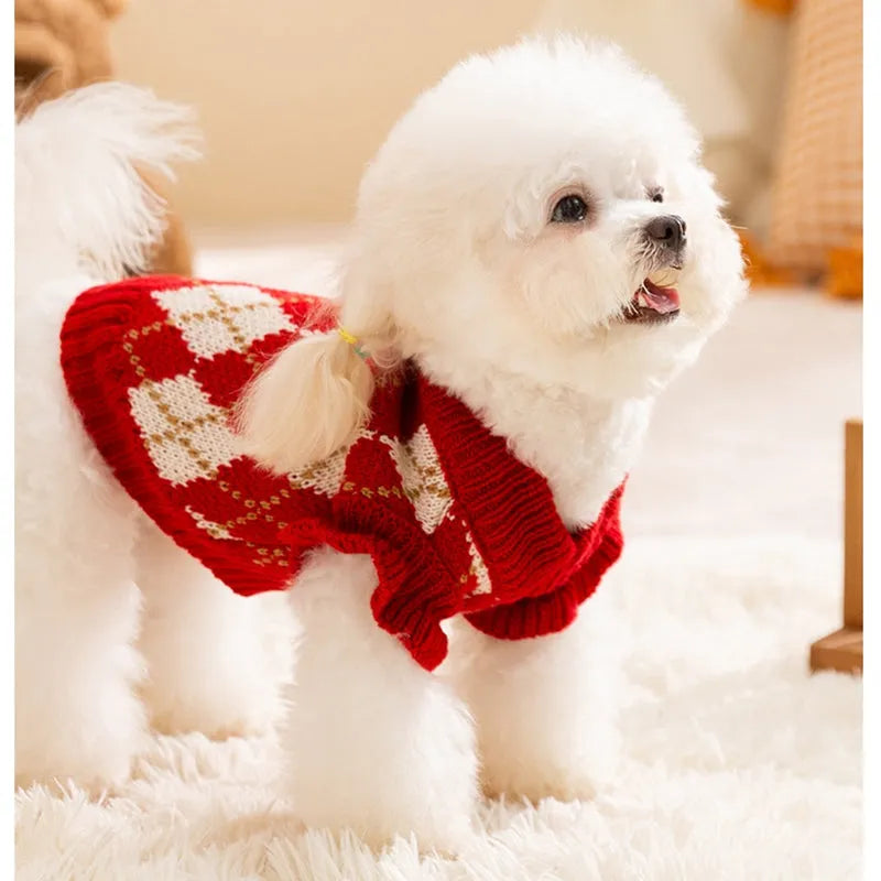 Red and white argyle knitted dog sweater with cherry embroidery for small dogs and cats