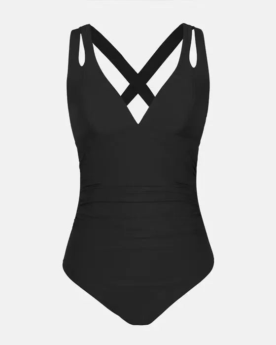 Solid colour one-piece swimsuit with triangle bikini top and cross-back shoulder straps