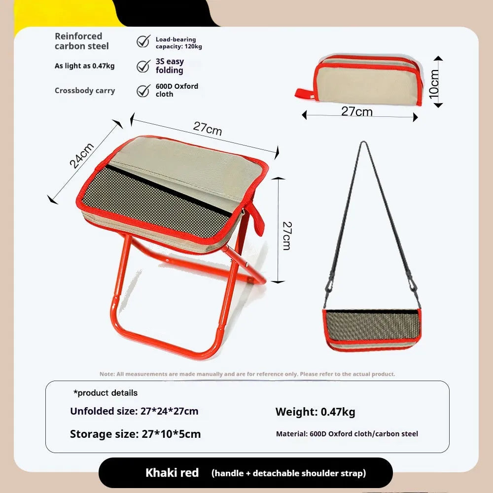 A folded Oxford cloth camp stool in a pencil box design, shown in khaki colour.
