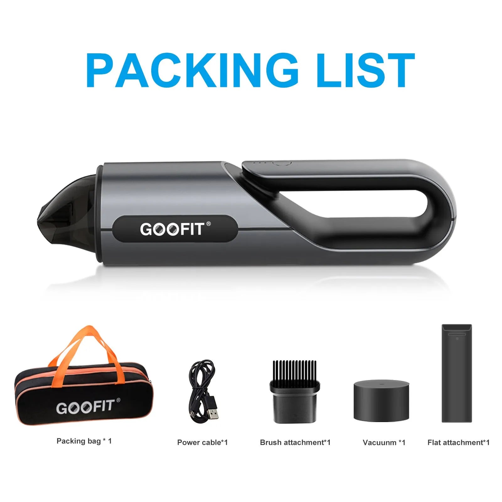 Black portable wireless car vacuum cleaner with brush and flat attachments for vehicle interior cleaning
