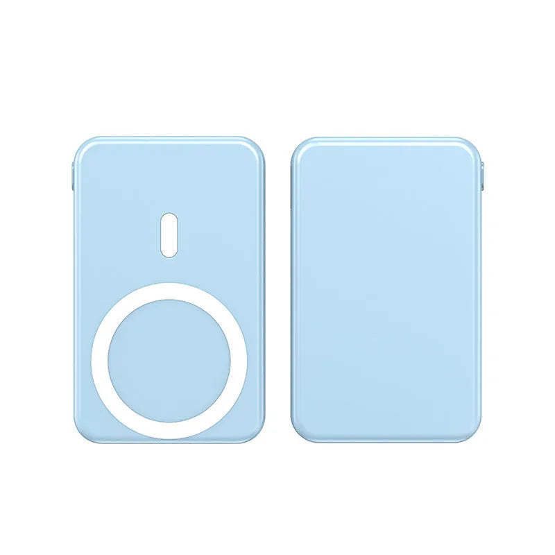 Ultra-thin portable power bank with magnetic wireless charging in black, blue, and white colour options
