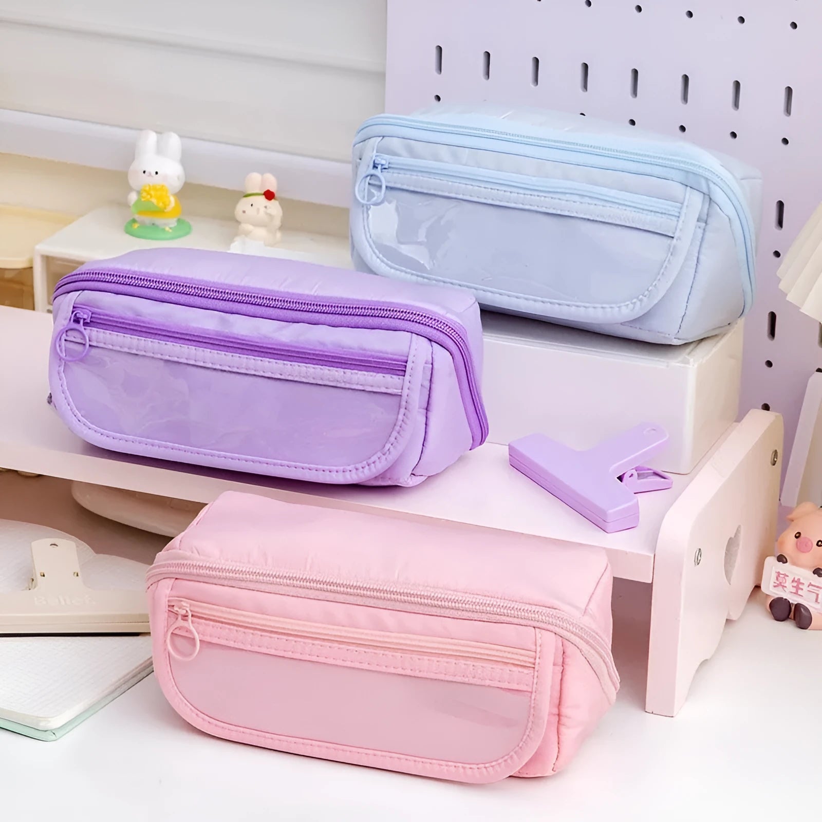 Canvas Korean-style pen case with ten-layer flip compartments open, showing internal sections.