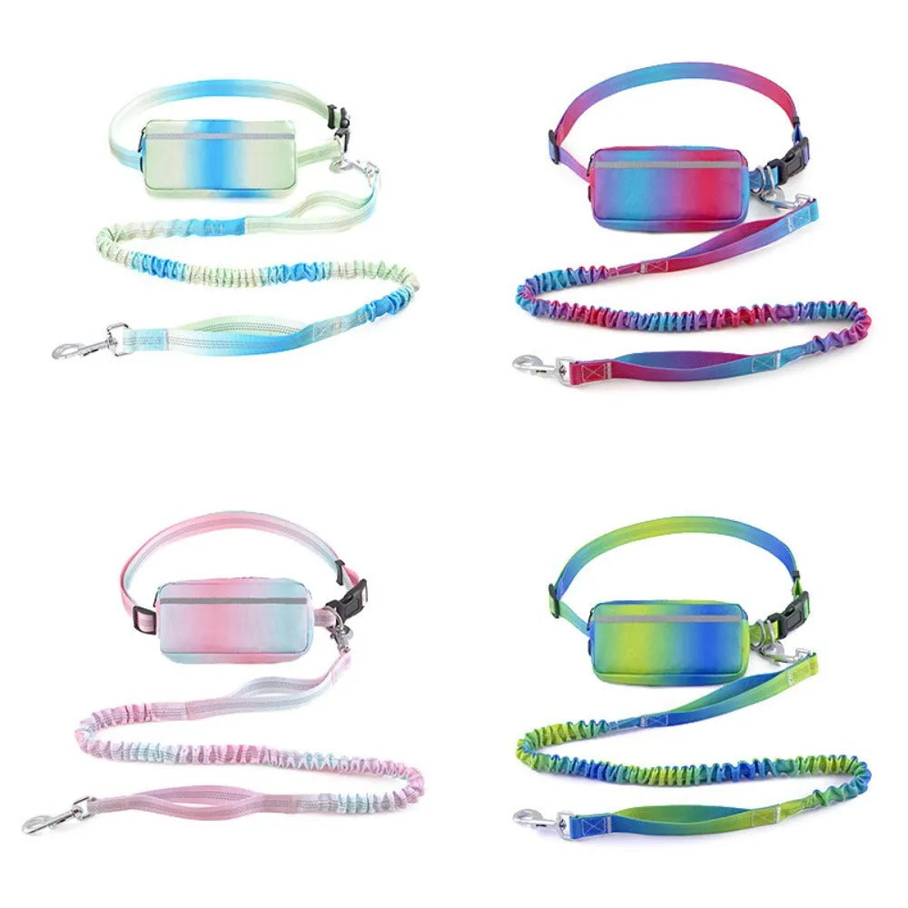 Blue hands-free dog leash with waist belt and reflective elements extended to full length