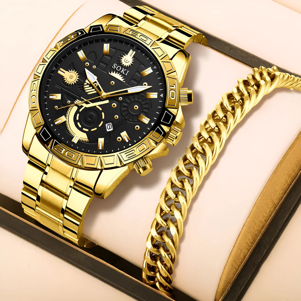 Gold-colour men's business quartz watch with stainless steel strap on wrist.