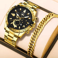 Gold-colour men's business quartz watch with stainless steel strap on wrist.