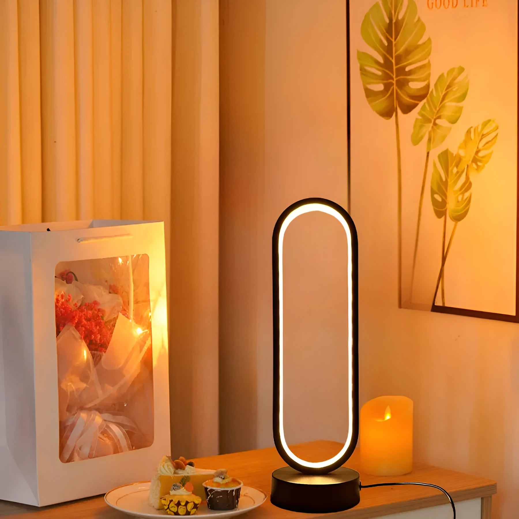 Black and white USB ring dimming LED small night lamp with acrylic shade and iron base