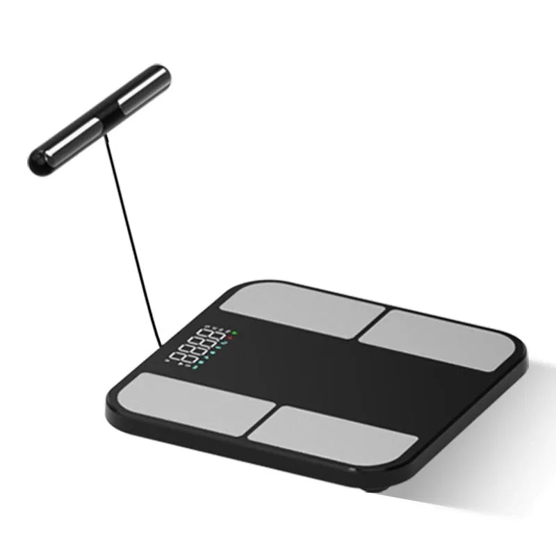 Black electronic body composition scale with tempered glass platform and colour screen display