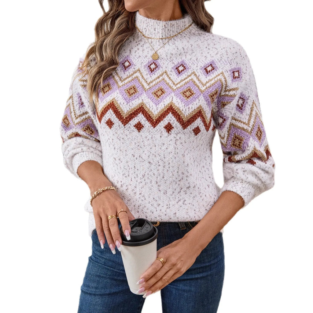 White geometric pattern half turtleneck loose sweater in thick chenille fabric