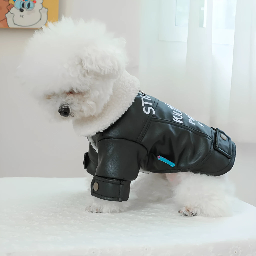 Fleece-lined padded dog winter coat in beige, black or suede colours with size chart showing measurements