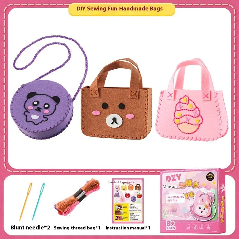 Children's non-woven cloth sewing kit with animal six models, needle, thread, and silver beads in a colour box