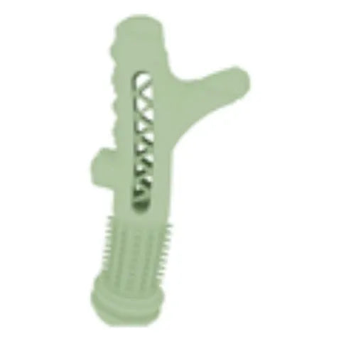 Blue TPR dental tree branch shaped chew toy for a small dog on a wooden floor.