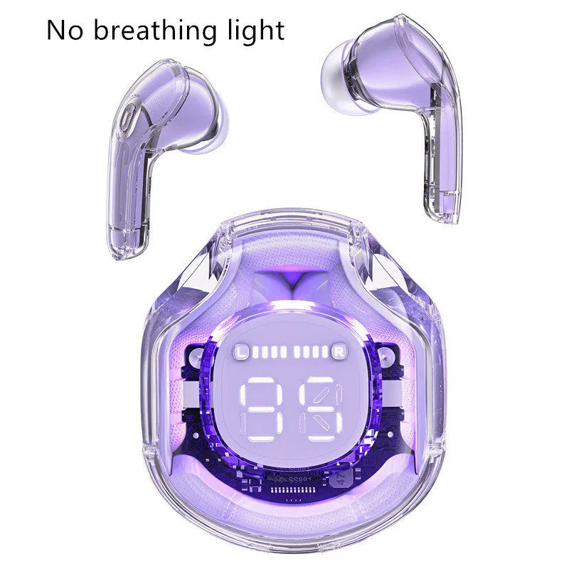 Wireless in-ear Bluetooth headset shown in white, black, pink, sky blue, or violet colour options on a transparent background.
