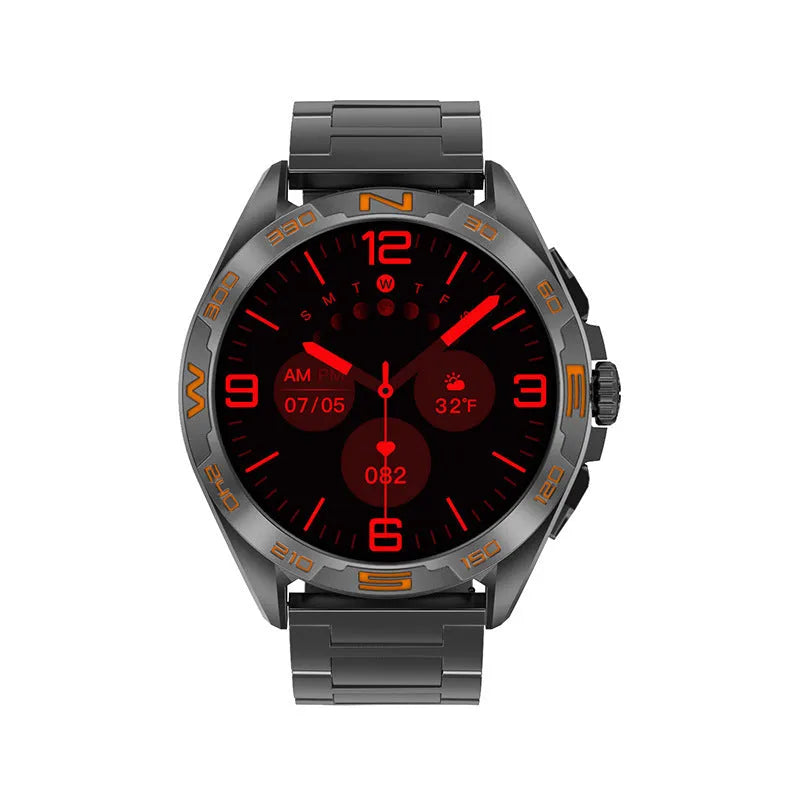 Black smartwatch with health metrics displayed on screen, showing heart rate and blood oxygen readings.