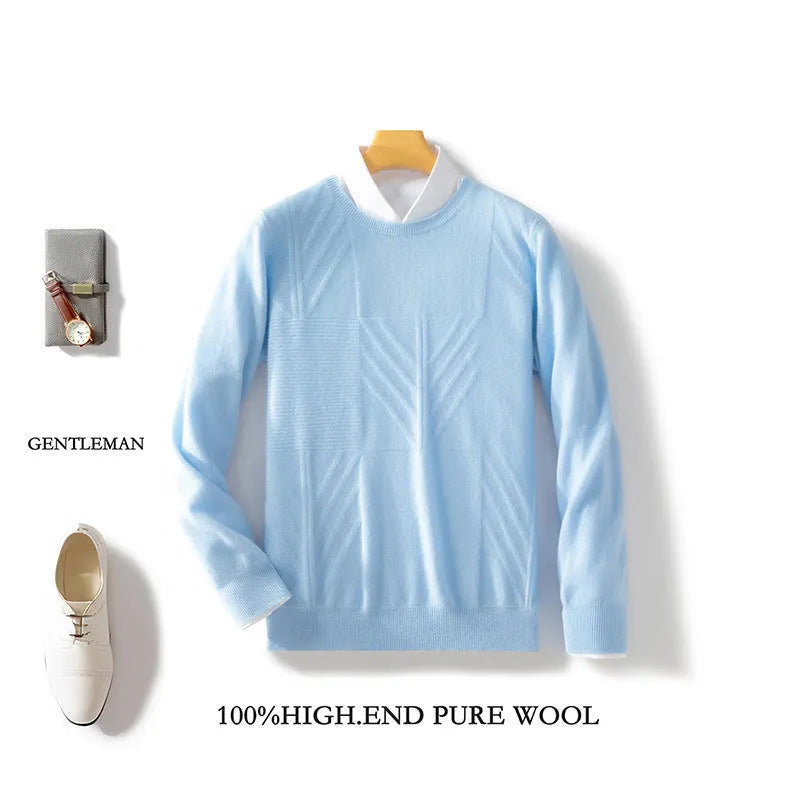 Men's round neck solid colour jacquard sweater in loose fit, long sleeves, seven colours, S-XXXL