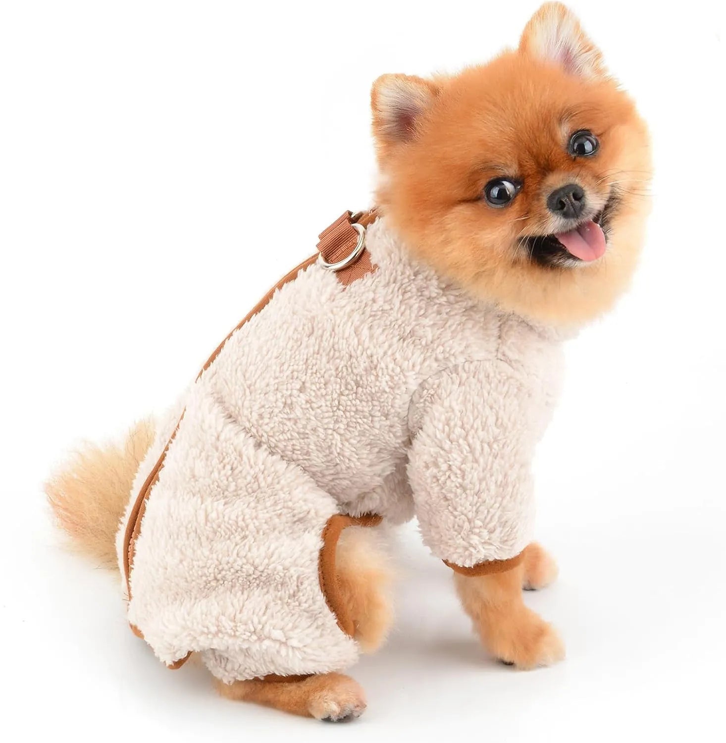 Green plush fleece dog jumpsuit with a back zipper on a small dog