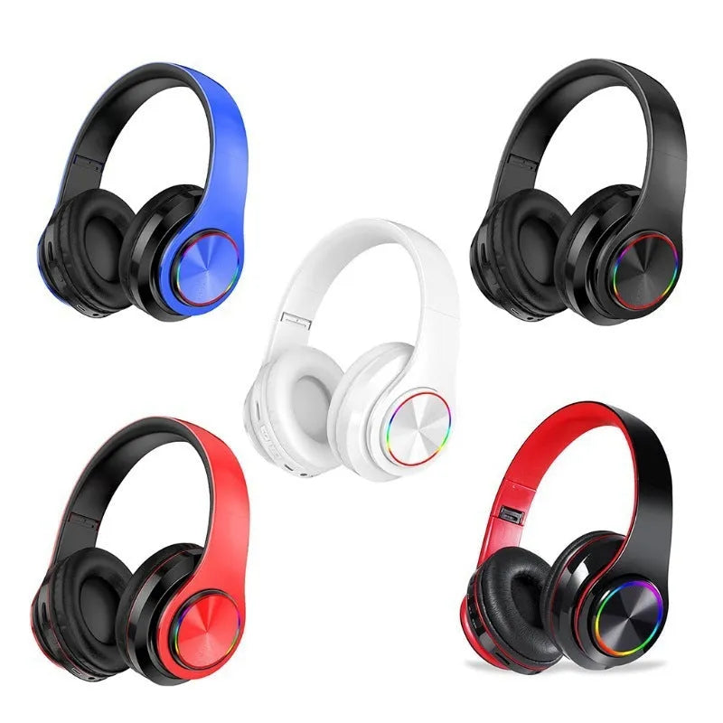 Wireless Bluetooth gaming headset in black, shown with LED breathing lights and a head-mounted design.