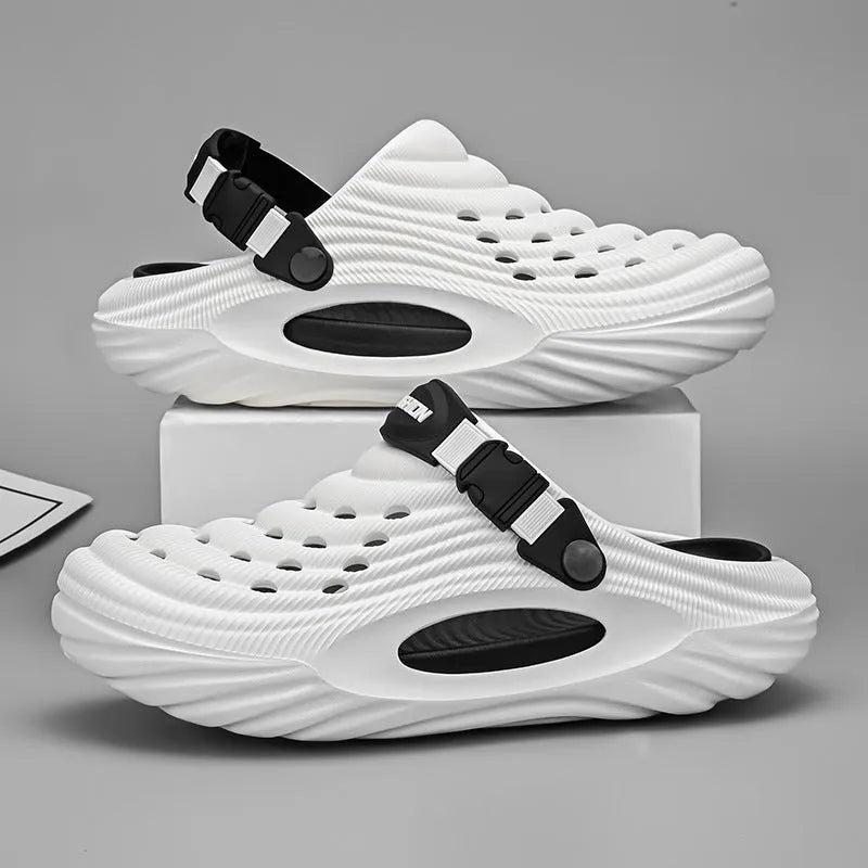 Men's EVA platform slippers in light green with hollow-out design shown from side