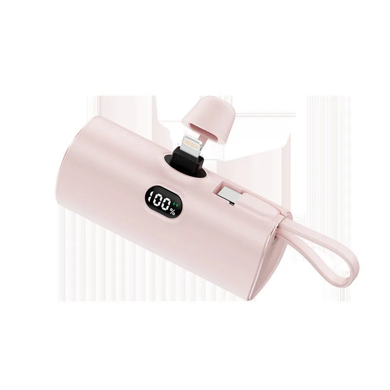 Compact digital display wireless power bank with flip-out plug in five colour options.