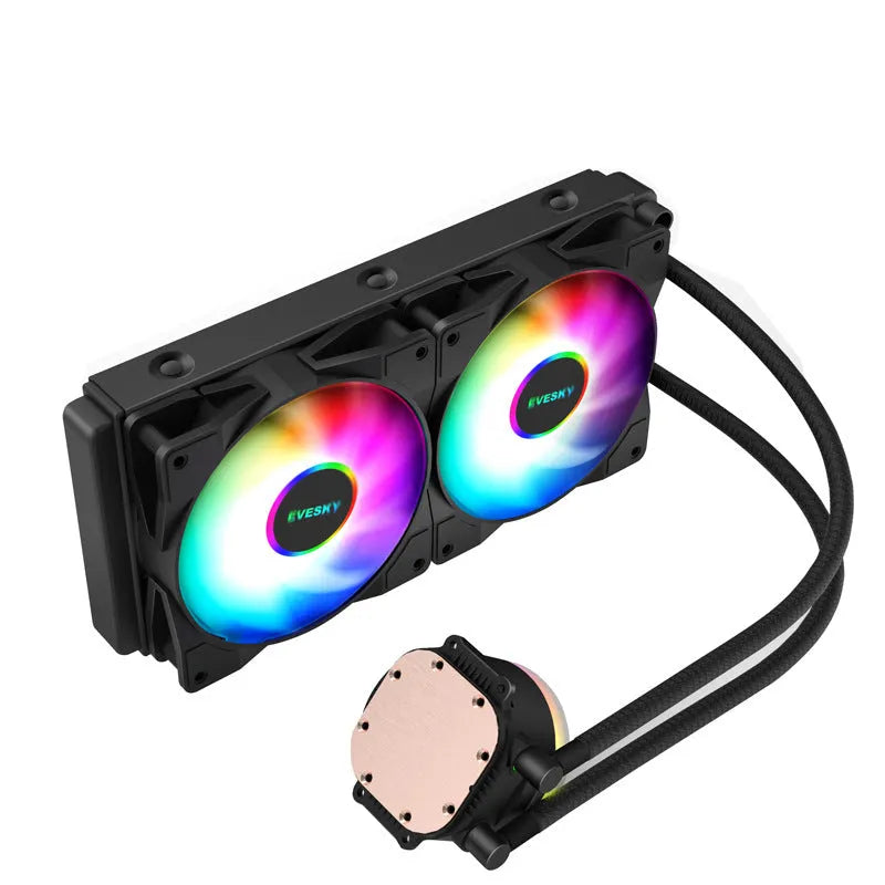 Aluminium CPU radiator with RGB fan in 120mm, 240mm, and 360mm sizes for quiet PC cooling.