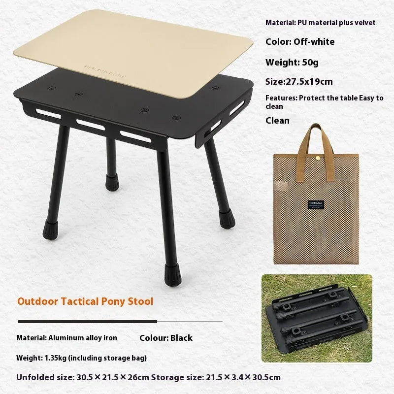 CLS aluminium folding camping stool shown in dual-use mode as a seat and small table with storage bag.