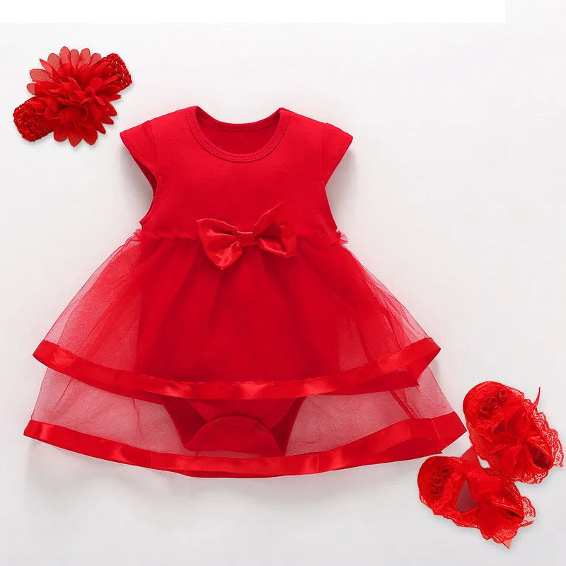 Korean-style baby girl lace dress set with matching shoes and hairband in red, pink, or white.