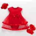 Korean-style baby girl lace dress set with matching shoes and hairband in red, pink, or white.