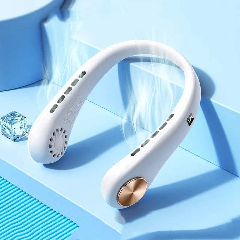 White bladeless neck fan hanging around a person's neck showing hands-free cooling design