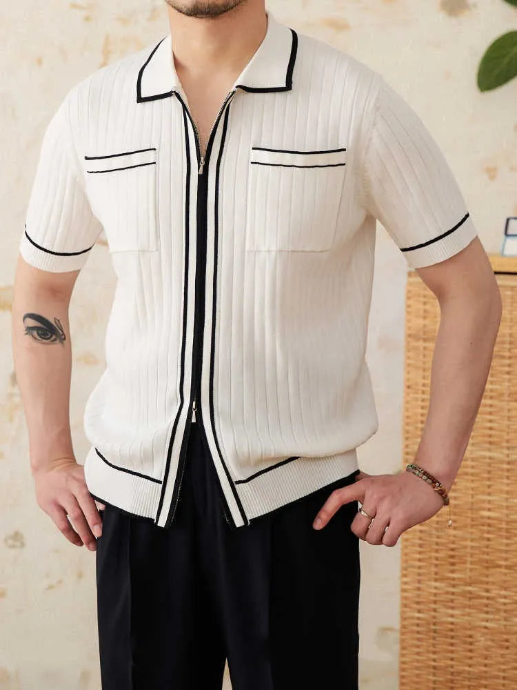Slim black lapel collar knitted polo shirt with short sleeves on a mannequin.